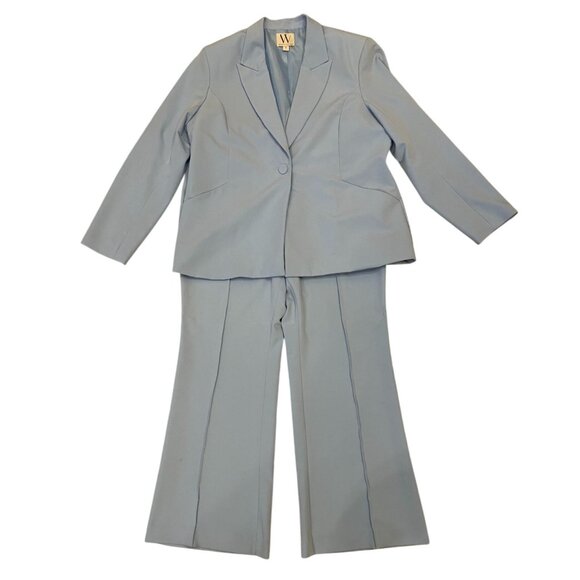 ladies Vintage Baby Blue Suit Lined Blazer Wide Leg Pants Single Button stretch - Picture 1 of 16